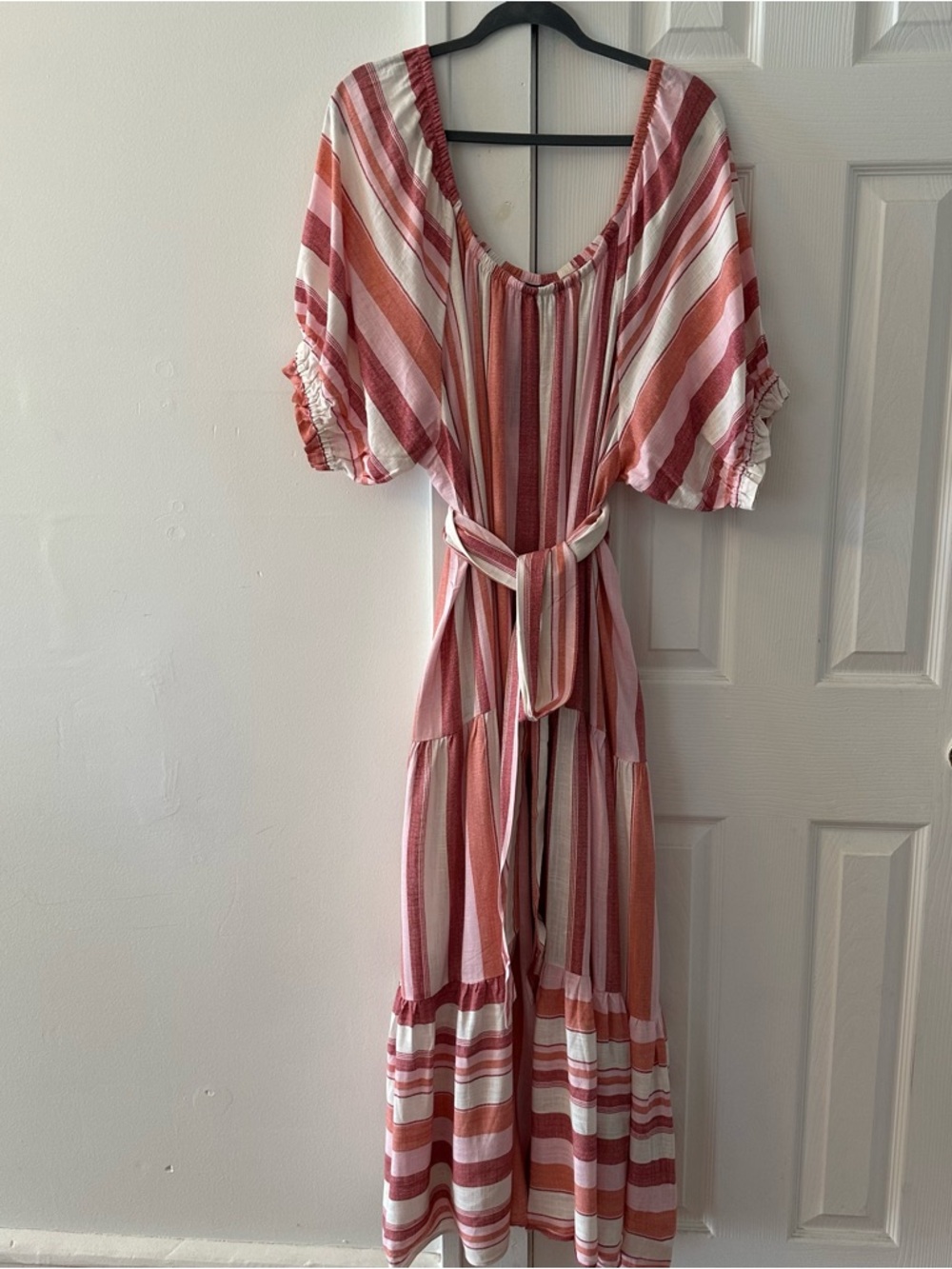 City Chic Linen Flowy Jemima Stripe Maxi Dress, Boho, Balloon Sleeve Casual, New